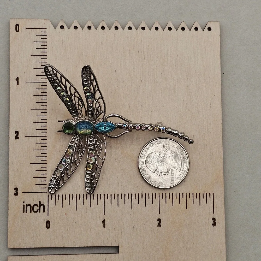Dragonfly Brooch Pin Set 2pc Silver Tone Blue Green Rhinestone Enamel Pastels